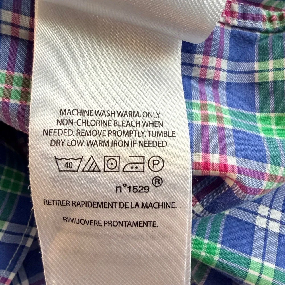 Polo Ralph Lauren Mens Medium Blue Green Pink Plaid‎ Cotton Stretch Shirt M